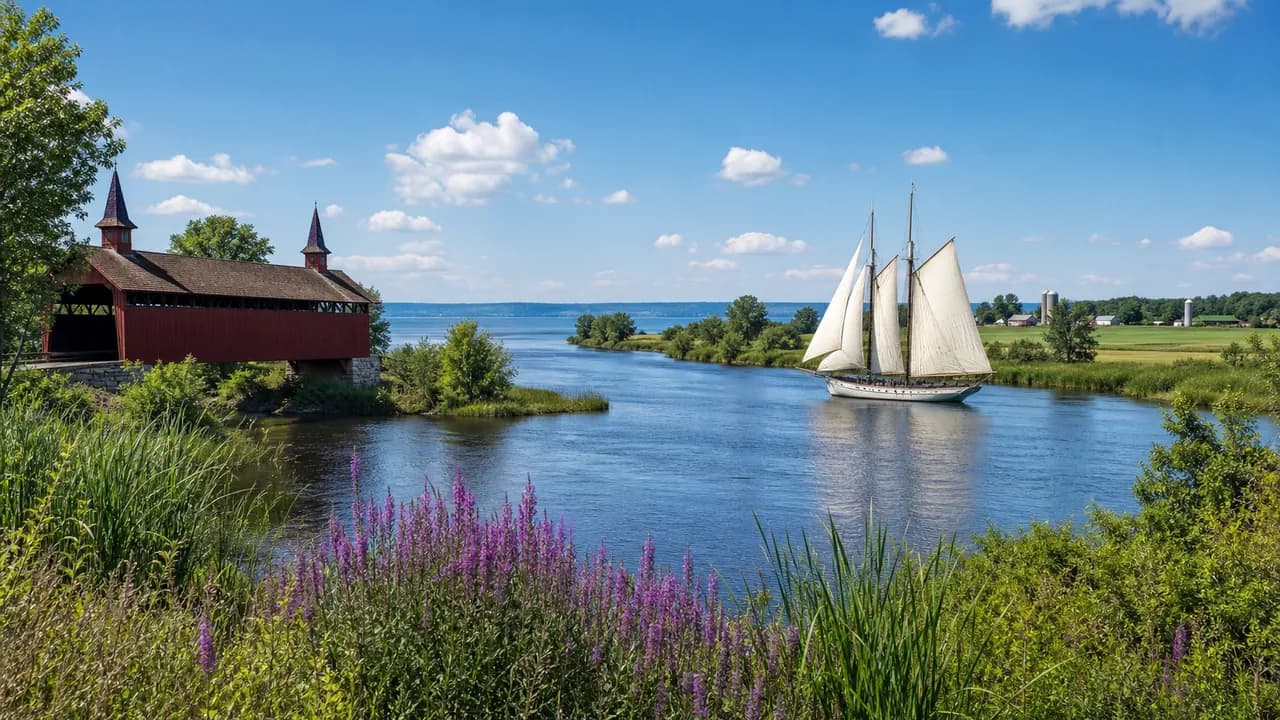 Saginaw Bay river, tall ship and covered bridge in East Central Michigan