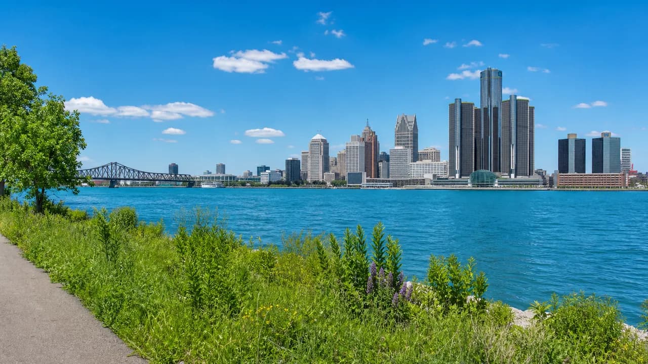 Detroit skyline and riverfront in Southeast Michigan