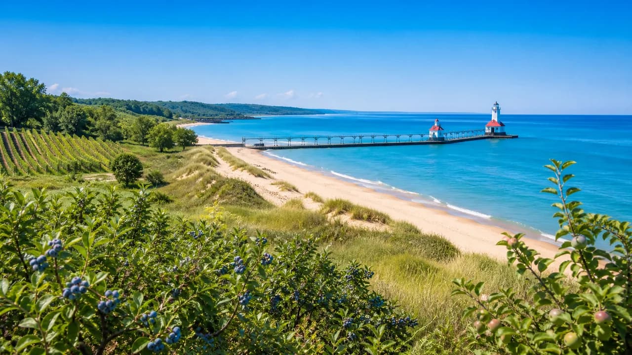 Lake Michigan beach, dunes and pier lighthouses in Southwest Michigan